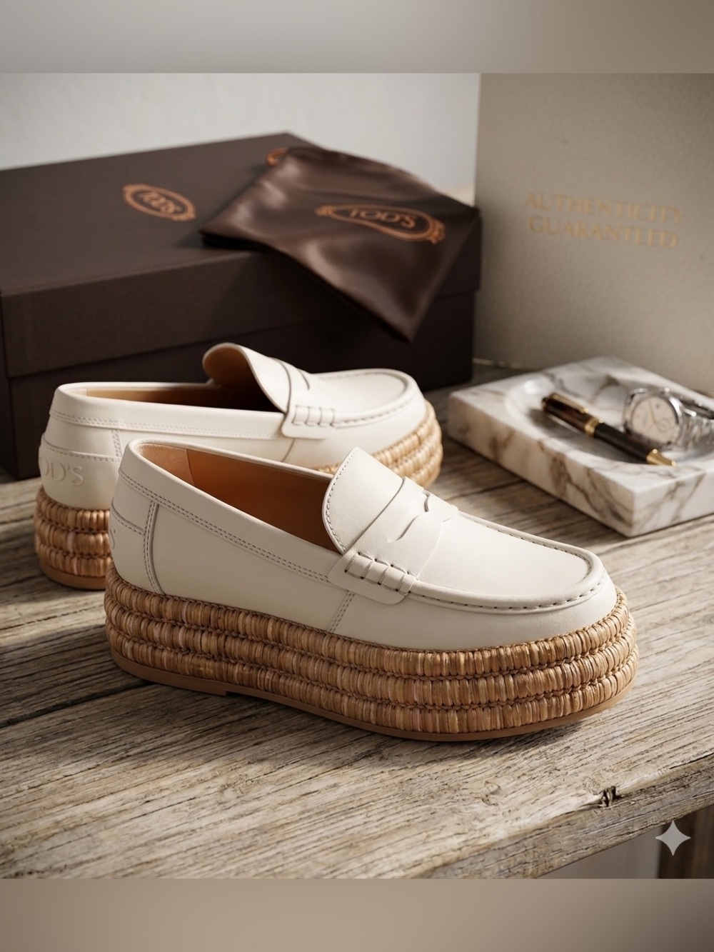 🍀🌼🍀 TOD’S Leather and raffia platform loafers size 7 US/ 37 European